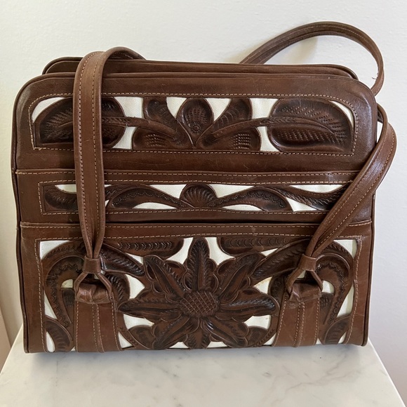 Vintage Tooled Leather Top Handle Purse Bag Chocolate Brown & White Two Tone - Picture 9 of 16